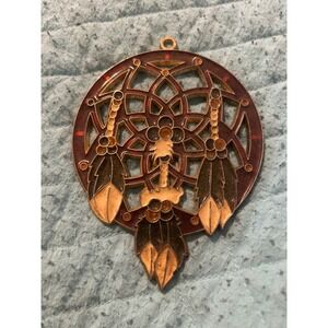 Vintage Dreamcatcher Suncatcher Ornament Bronze Tone Metal Burgundy Amber Enamel